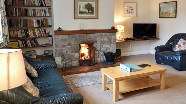 A cozy living room with a fireplace, a leather sofa, a wooden coffee table, a bookshelf, and a television. - Honeysuckle cottage - 23227 (Embleton, near Alnwick)