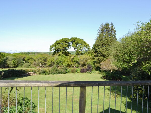 A fenced garden with a variety of trees and shrubs, a clear sky, and a distant view of a landscape.