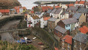 Une ville côtière aux maisons très rapprochées les unes des autres, avec une falaise rocheuse et des bateaux amarrés près du rivage.