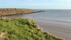 Un paisaje costero con un acantilado cubierto de hierba y una playa de arena.