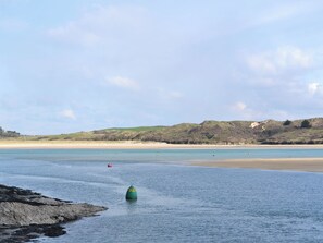 A coastal landscape with a sandy beach, calm water, and a green buoy with 'SLOW SPEED' text.