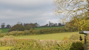 A rural landscape with a field, trees, and a building with a hanging light fixture. - 1 bedroom accommodation in Dartington, Totnes (Dartington, Totnes)