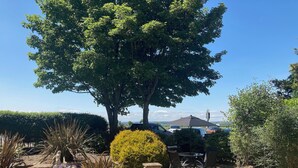 A patio area with a table and chairs, surrounded by various plants and a large tree. - All on the Ground Floor: 
Open plan living space. (Lockton, near Pickering)