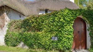 Ein reetgedecktes Häuschen mit einem Schild, auf dem 'Thatch Cottage' steht.