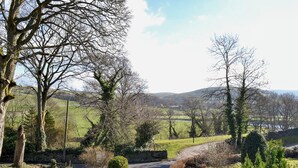 A rural landscape with a gravel path, trees, and a red car parked on the side. - 20 steps to entrance with handrail. (Burnsall near Grassington)