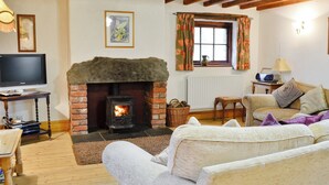 Una sala de estar acogedora con chimenea, televisor y asientos cómodos.