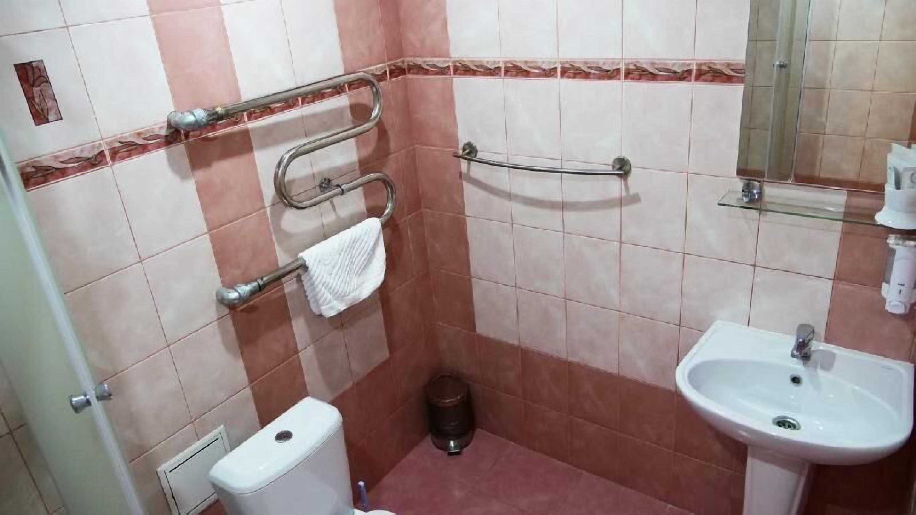 Un bagno con il water, un lavandino e delle maniglie di sostegno.