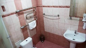 Un bagno con il water, un lavandino e delle maniglie di sostegno.