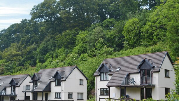 A row of white buildings with grey roofs, set against a backdrop of dense green trees. - Rosecraddoc Manor - Riverview (Near Liskeard)