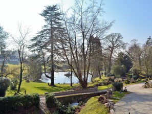 A serene park with a pond, pathways, and mature trees.
