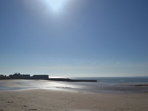 A beach with a clear sky and calm sea.