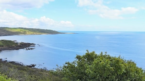 A coastal landscape with a view of the sea, a grassy hill, and a small building near the water's edge.
