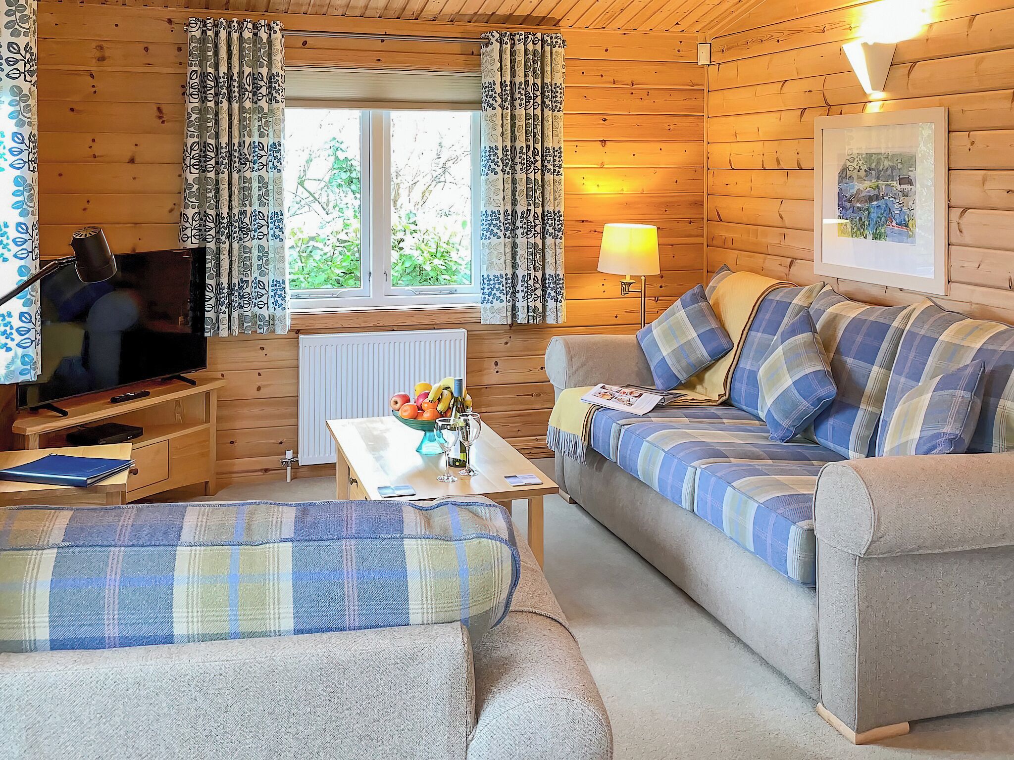 A cozy cabin interior with a sofa, a small table, a TV, and a window with curtains.