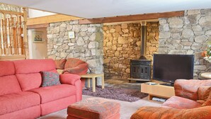 Un salon chaleureux avec une cheminée en pierre, un téléviseur et des fauteuils confortables.