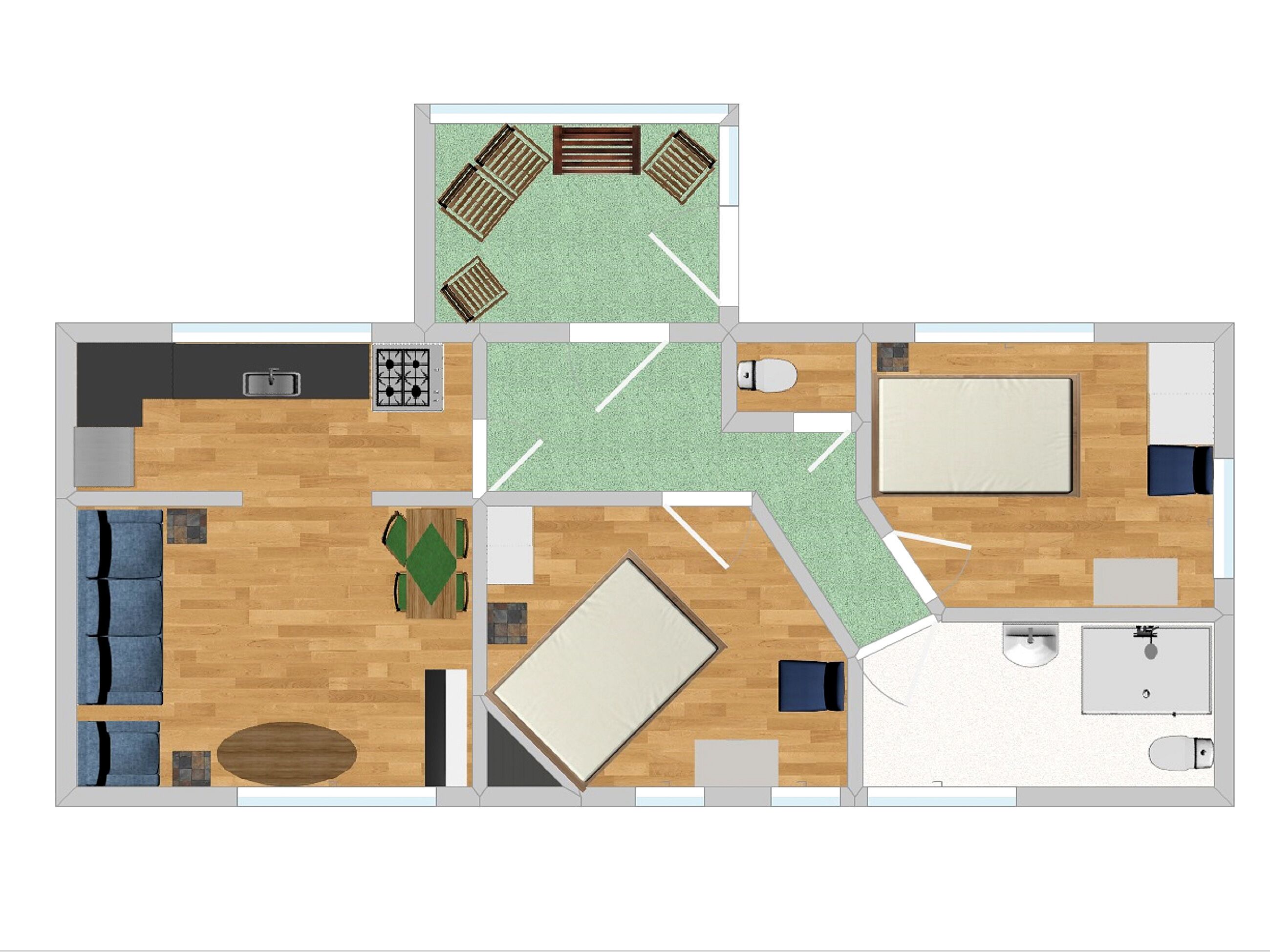 A floor plan of a hotel room with a living area, a dining area, a kitchen, and a bathroom.