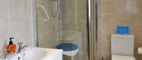 A bathroom with a sink, toilet, and shower.