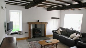 Ein Wohnzimmer mit Kamin, Sofa, Couchtisch, Fernseher und Bücherregal.