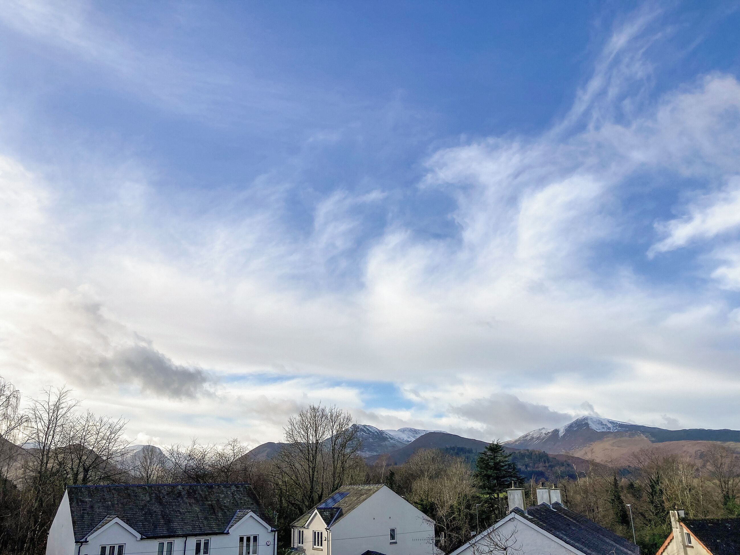 A residential area with houses and a mountain range in the background.