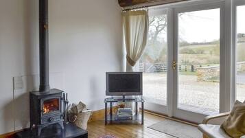 A cozy room with a wood-burning stove, a television on a stand, and a view of the outdoors through a glass door.