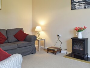 A living room with a grey sofa, a small table with a lamp, a red vase with flowers, and a black wood-burning stove. - 2 bedroom accommodation in Keswick (Keswick)
