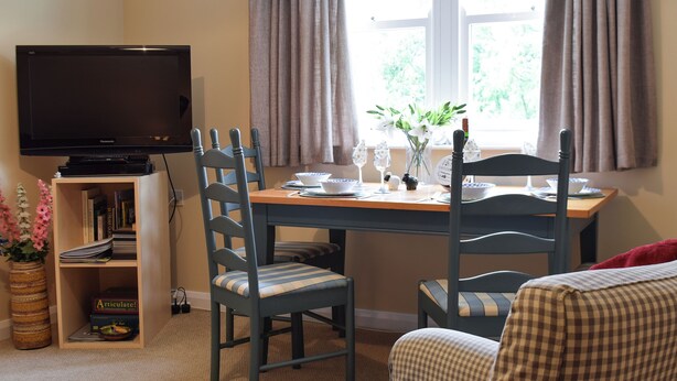 Un salon avec un téléviseur, une table à manger entourée de chaises, une bibliothèque et une fenêtre avec des rideaux.