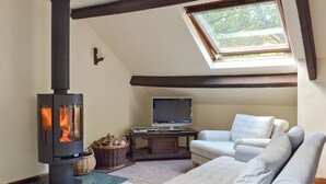 Un salon chaleureux avec une cheminée, un téléviseur et un canapé confortable.