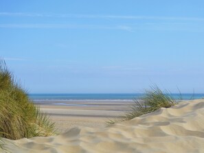 Une plage avec des dunes de sable et une végétation clairsemée.
