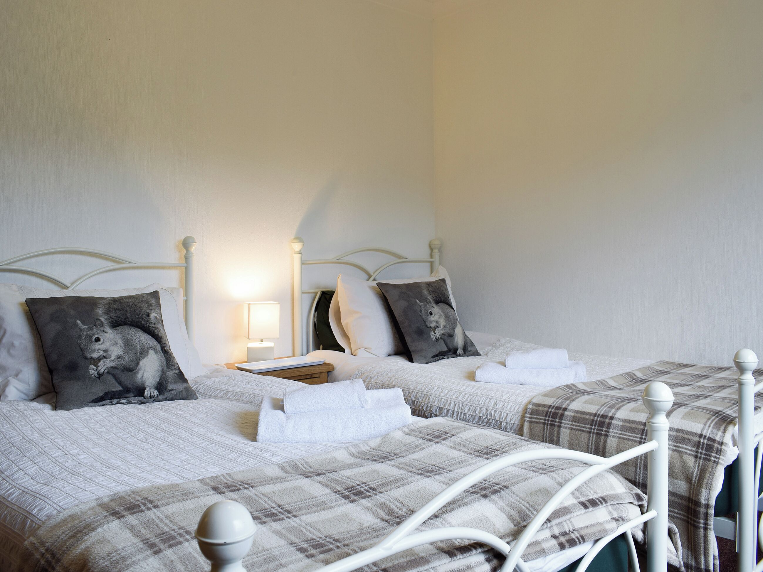 Une chambre à coucher avec deux lits, chacun doté d’une structure en métal blanc et recouvert d’une couverture à carreaux. On y trouve des oreillers ornés d’un motif représentant un écureuil, une table de chevet avec une lampe et un miroir.