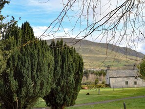 A rural landscape with a large coniferous tree, a stone building, and a mountain in the background.