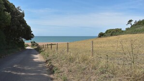 Un chemin de campagne menant à une plage, avec une clôture et de l’herbe sèche.