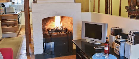 A cozy living room with a fireplace, a television, and a collection of books and DVDs on a table.