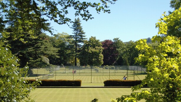 Tenniskenttä, jonka ympärillä on puita ja aita.