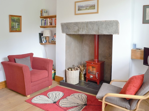 A living room with a red sofa, a grey armchair, a fireplace, a bookshelf, and a framed picture on the wall.