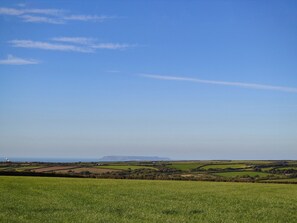 A rural landscape with fields and distant hills.