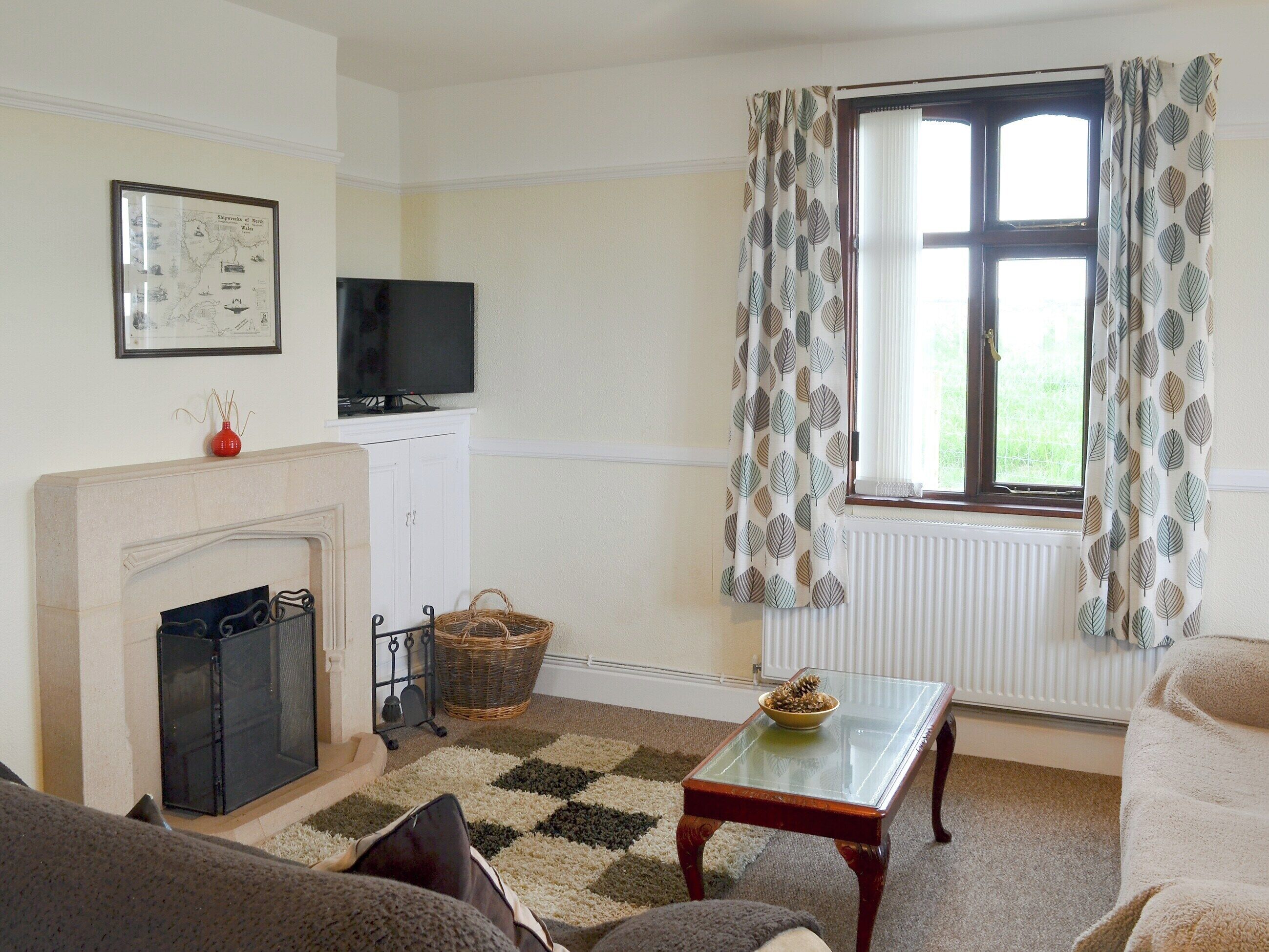 A living room with a fireplace, a television, a window with curtains, and a carpeted floor.