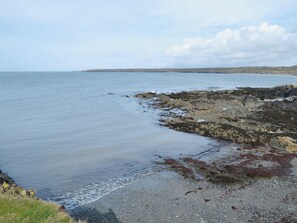 A rocky shoreline with calm sea water and distant land.