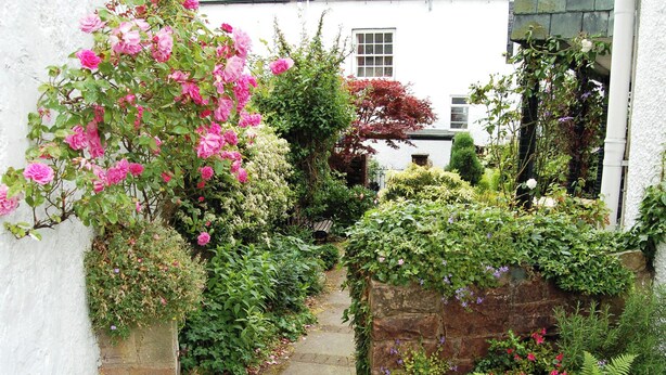 A narrow stone pathway flanked by lush greenery and flowering plants, leading to a white building with a window. - 4 bedroom accommodation in Keswick (Keswick)