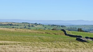 Ländliche Landschaft mit sanften Hügeln, einer Steinmauer und wolkenlosem, blauem Himmel.