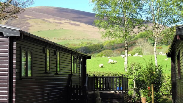 A rustic cabin with a wooden exterior, a porch with a railing, and a view of a green field with grazing sheep. - 3 bedroom accommodation in Keswick (Keswick)