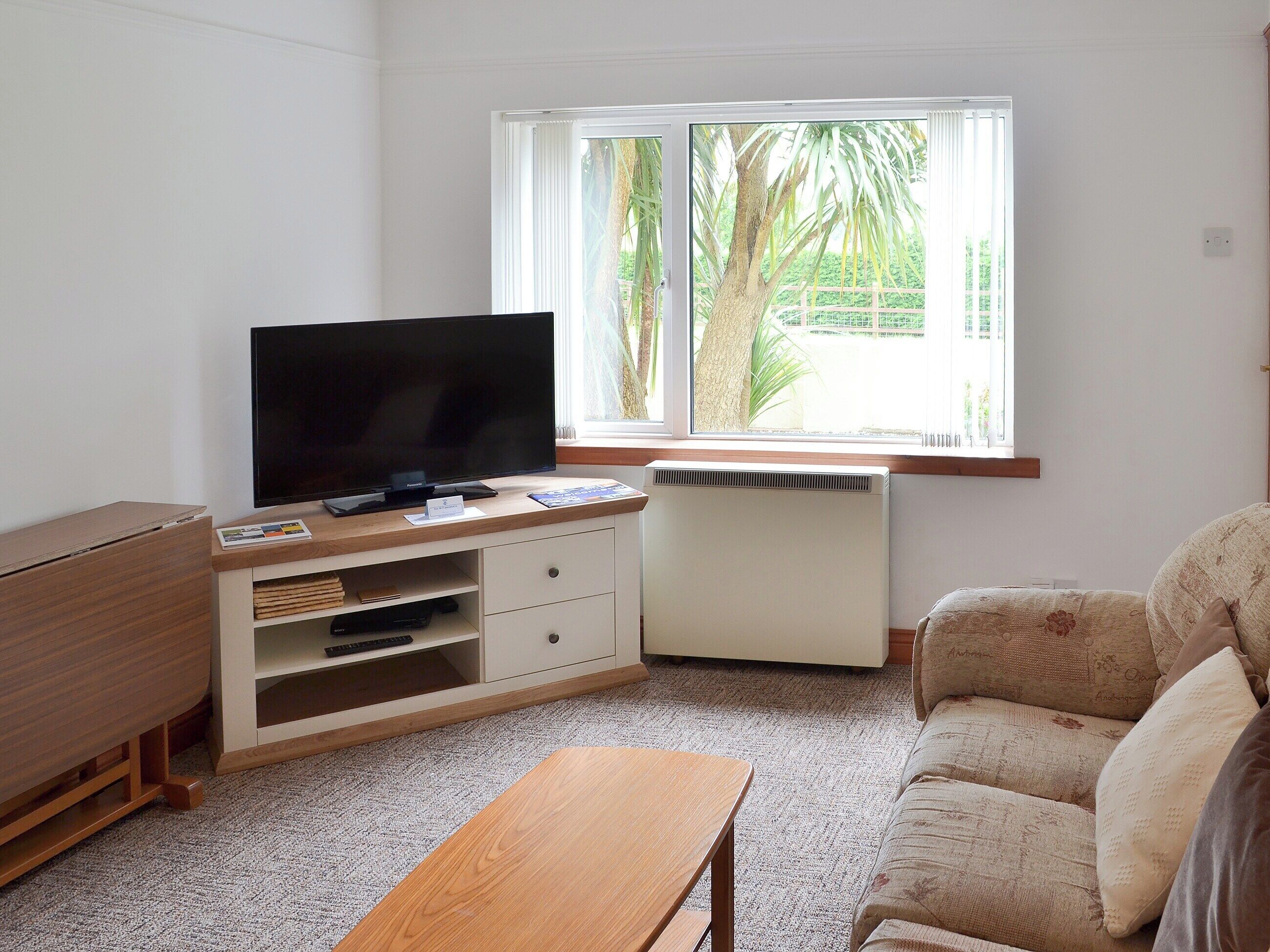 A living room with a flat-screen TV, wooden entertainment unit, a sofa, and a window with a view of greenery.