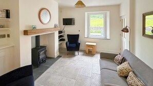 Een moderne woonkamer met een open haard, een bank, een televisie en een raam met uitzicht op groen.