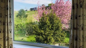 A window with a view of a grassy area, a pink flowering tree, and a distant building. - 2 bedroom accommodation in Bothenhampton, near Bridport (Bothenhampton, near Bridport)