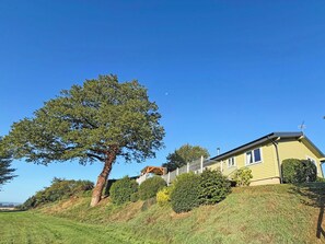A house with a large tree in front, a clear sky, and a small hill. - 2 bedroom accommodation in Uplowman, near Tiverton (Uplowman, near Tiverton)