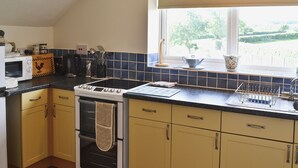 A kitchen with a stove, oven, and sink. There is a window with a view of greenery outside.