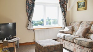 A living room with a television, a sofa, an ottoman, and a window with curtains.