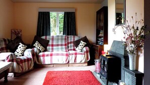 A cozy living room with a checkered sofa, a red rug, and a fireplace.