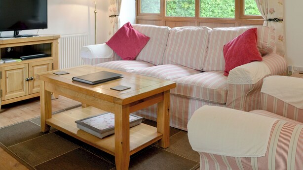 Un salon chaleureux avec un canapé, une table basse en bois, un téléviseur posé sur un meuble et une fenêtre avec des rideaux.