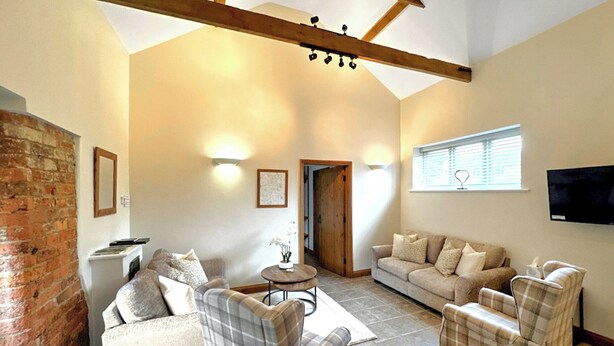 A spacious living room with a fireplace, a television, and a large window. - The Bran House- 23526 (Hareby, near Horncastle)
