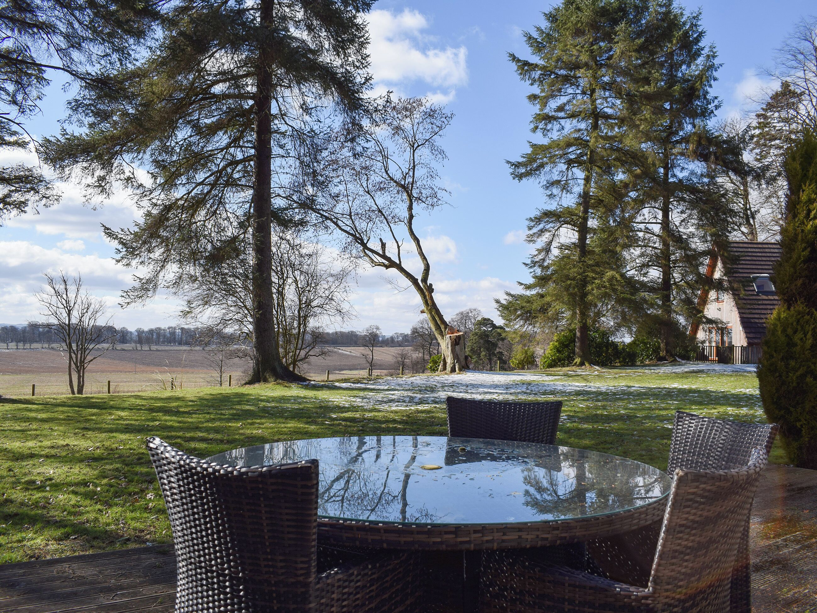 A glass-top table with wicker chairs in a grassy outdoor area with trees and a house in the background.