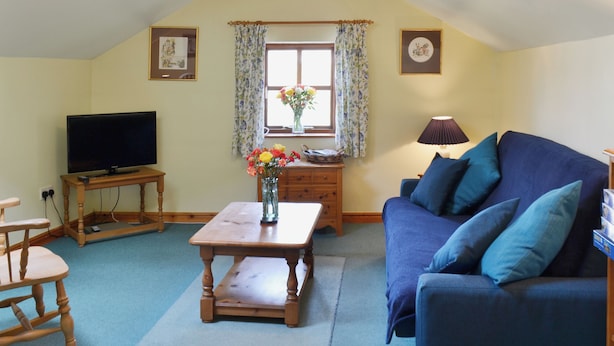 Ein gemütliches Wohnzimmer mit Fernseher, einem blauen Sofa, einem Holztisch und einem Fenster mit blumigem Vorhang.